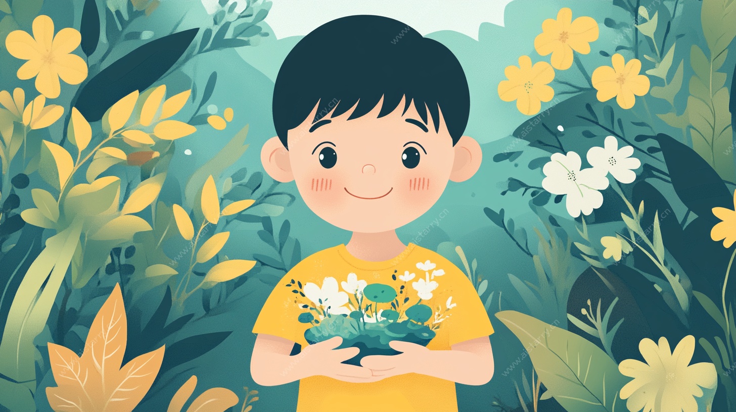 男孩捧花于烂漫花丛中