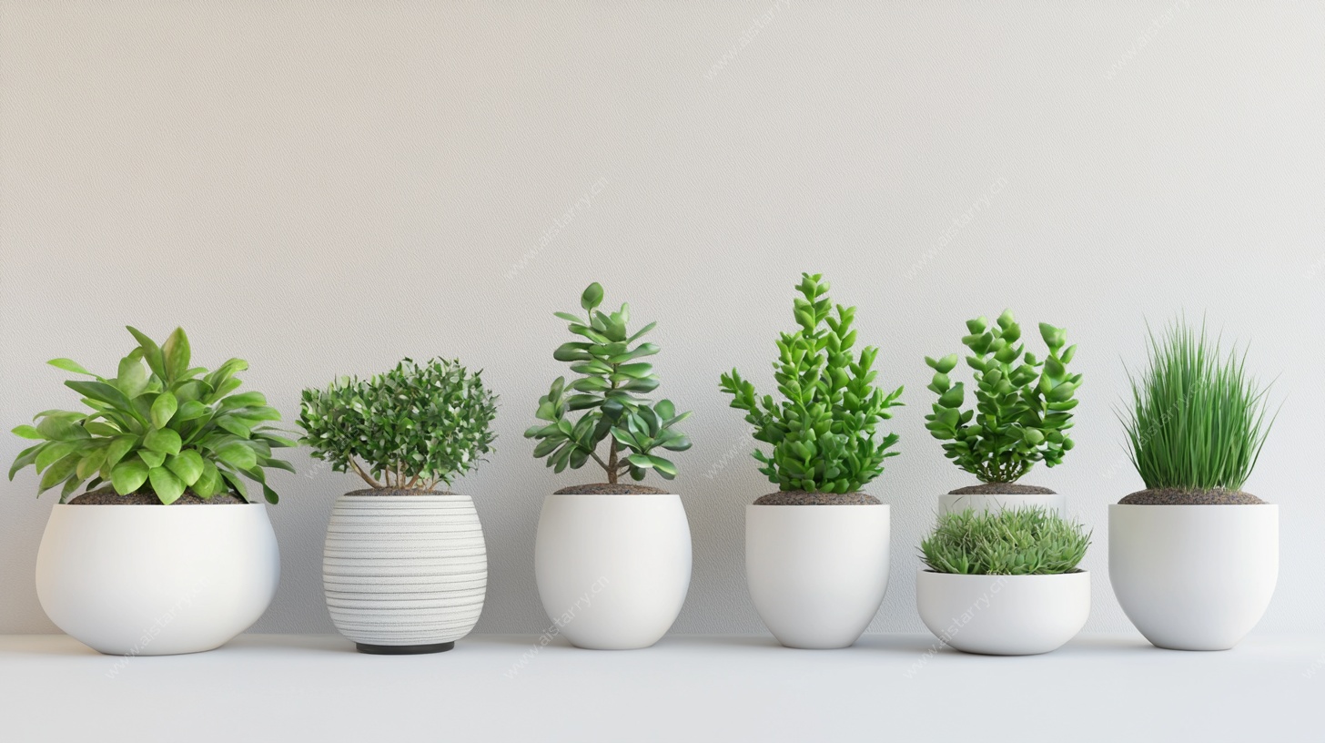 一排清新盆栽植物摆饰