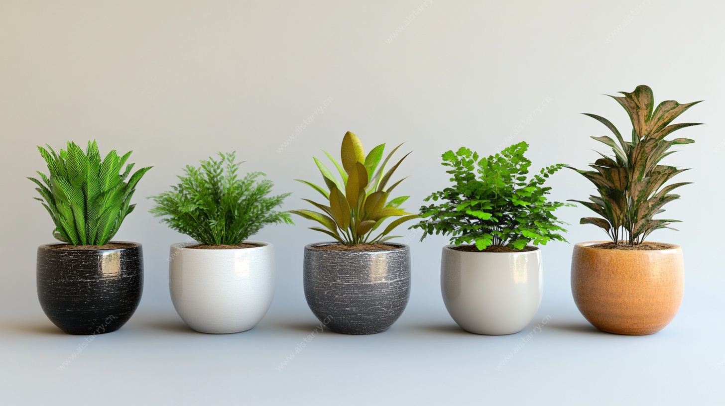 一排多彩盆栽绿植特写