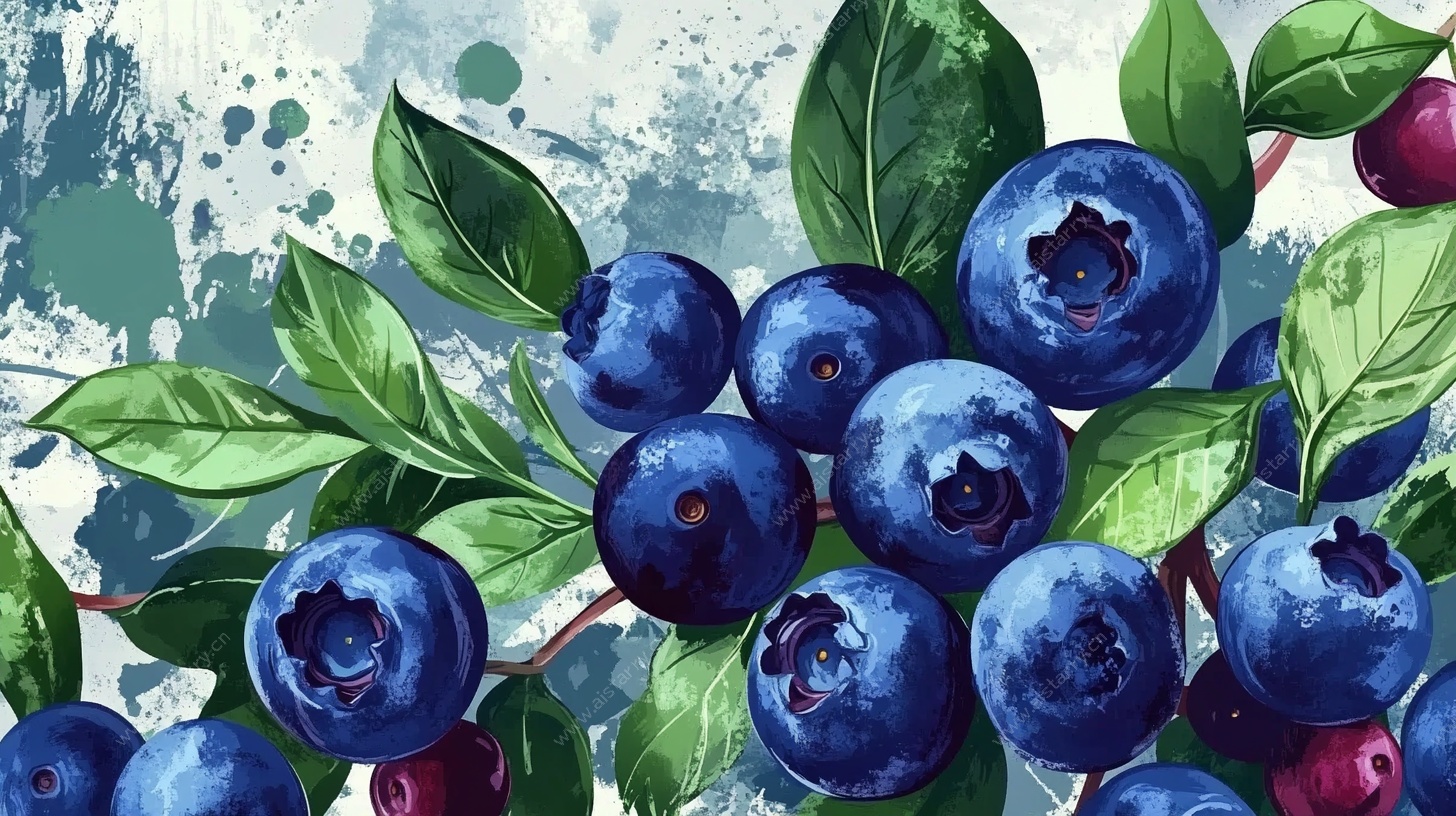 水彩蓝莓与绿叶插画