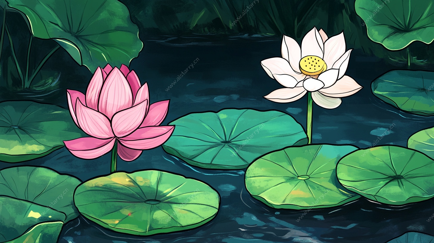 夏日荷塘双莲插画