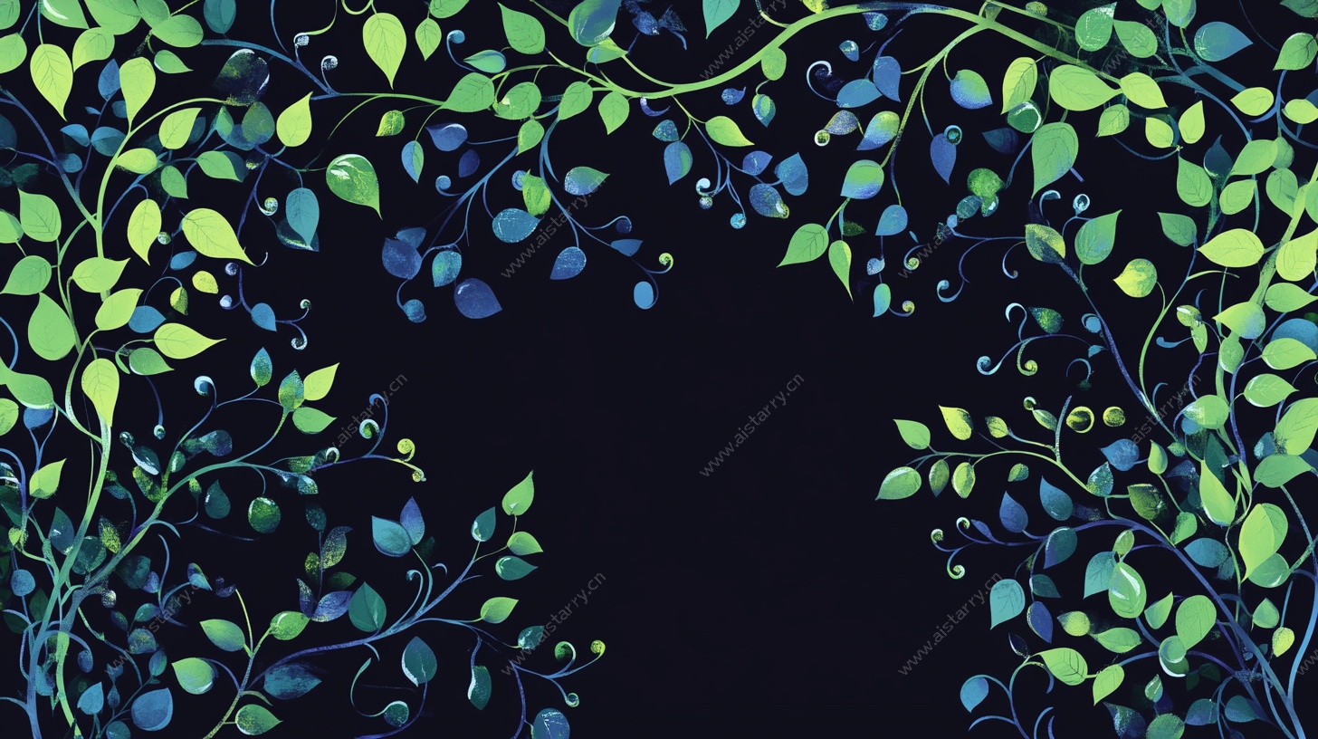 蓝绿枝叶环绕黑色背景图