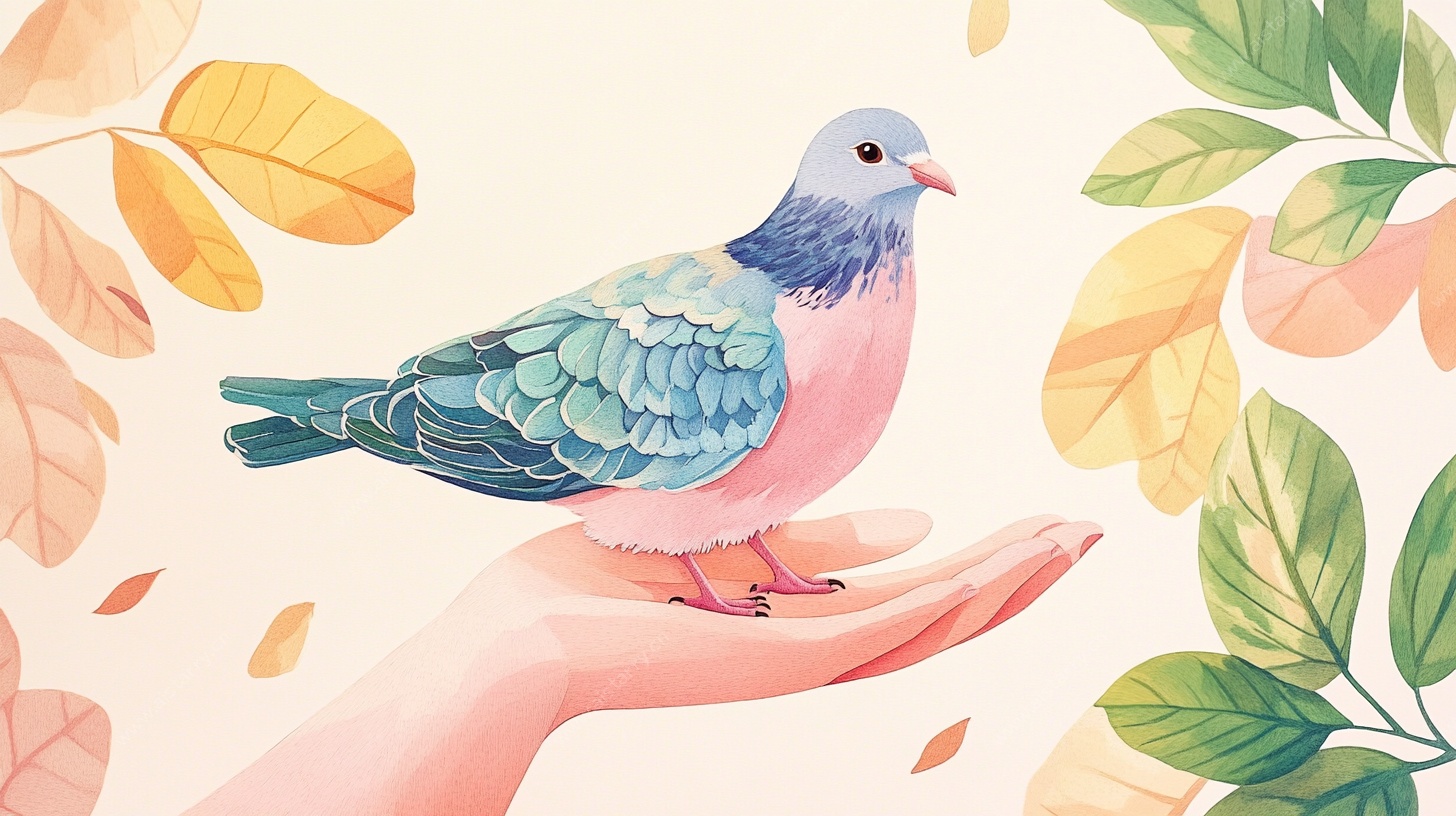 手心上的彩鸽与花叶