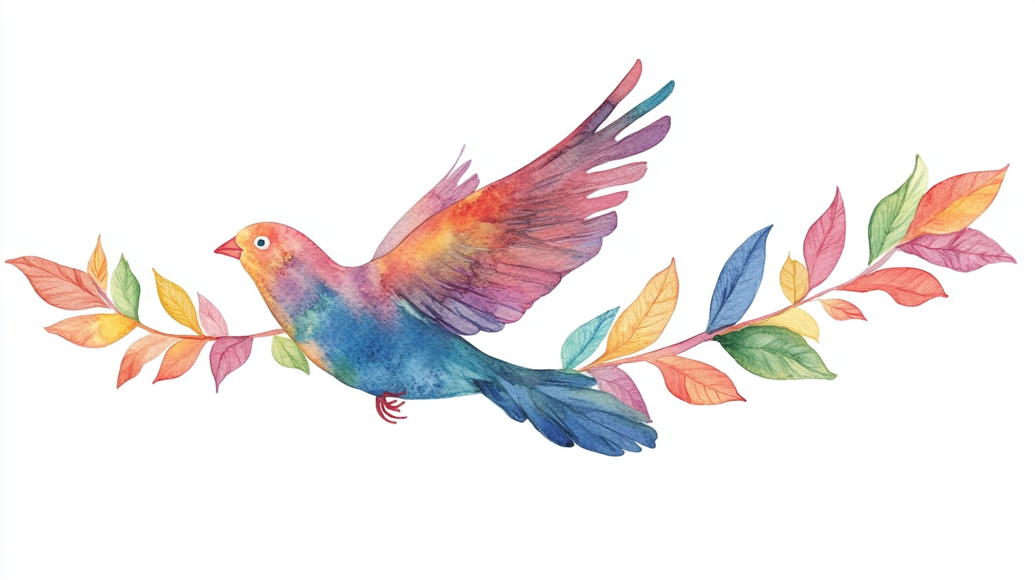 彩色飞鸟伴枝叶水彩画