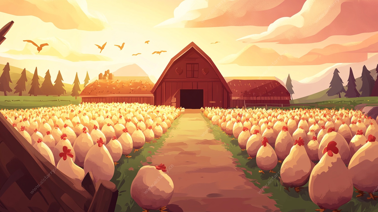 夕阳下的农场鸡群景象
