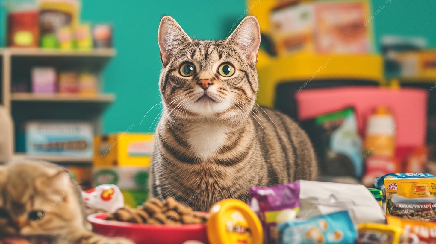 萌猫置身宠物食品堆中