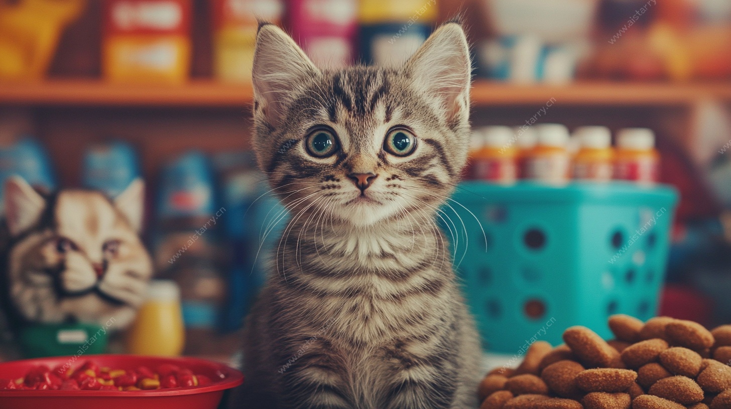 可爱小猫在宠物食品旁