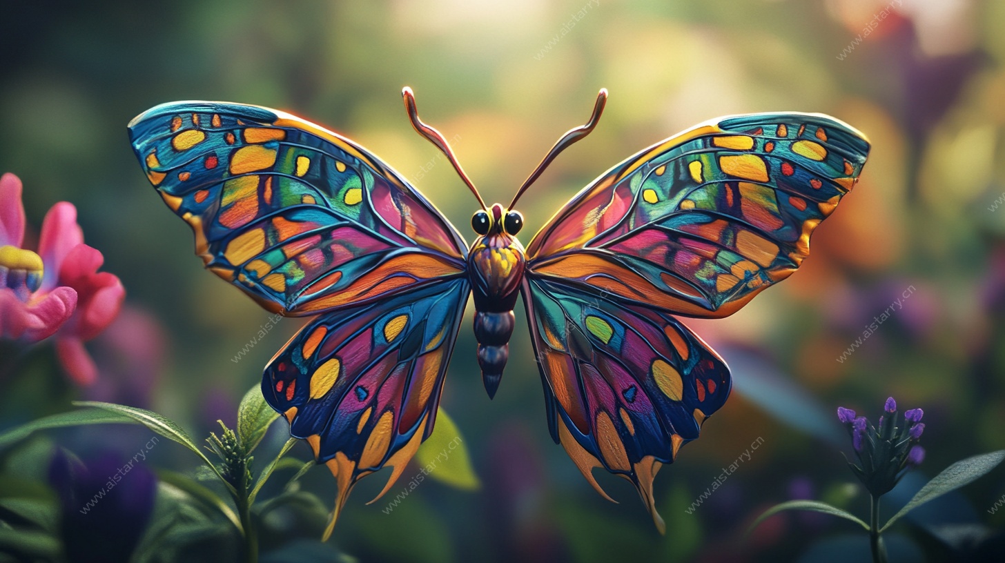 梦幻彩蝶飞舞花丛间