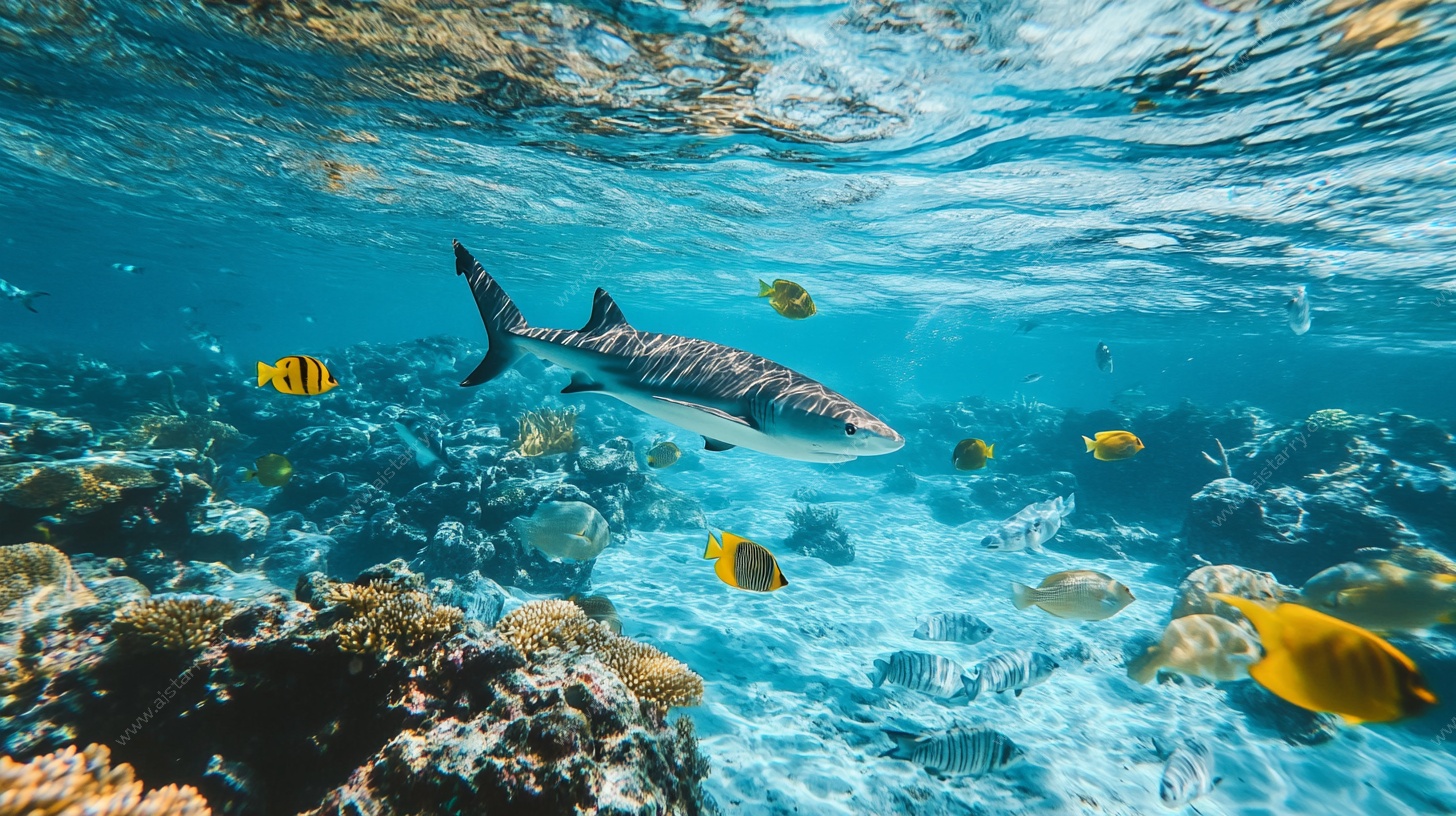 海底鲨鱼与多彩鱼群共游