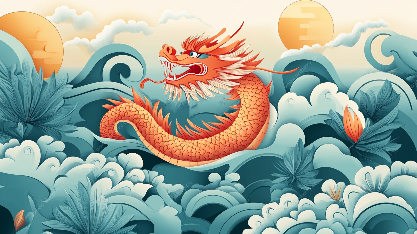 祥龙游海浪 日出显祥瑞