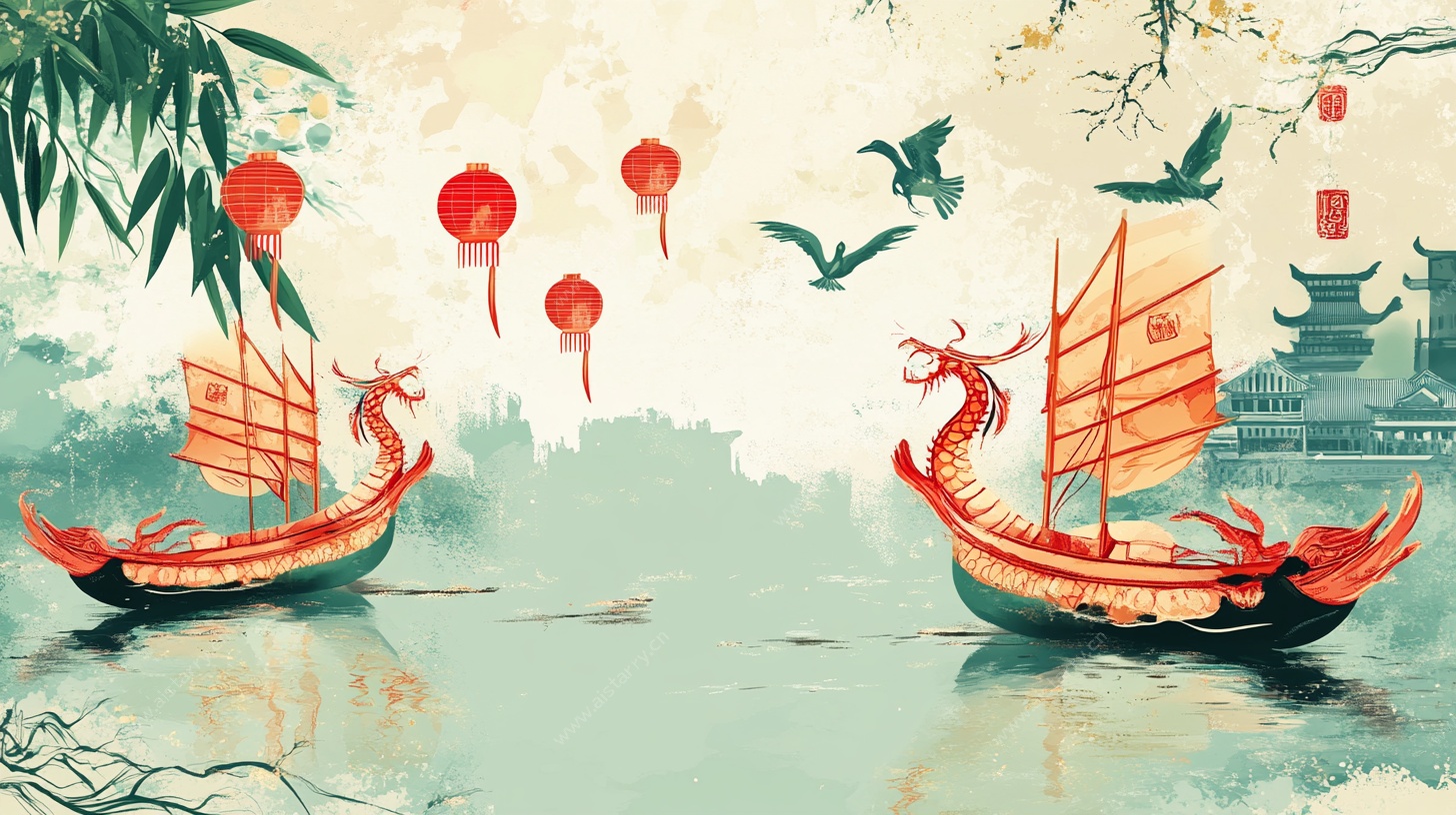 古风龙舟水乡图景