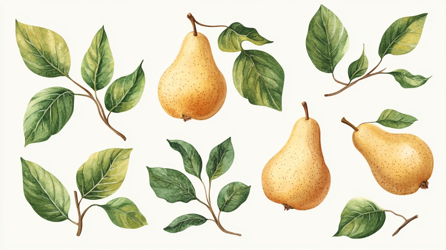 手绘梨子与绿叶插画