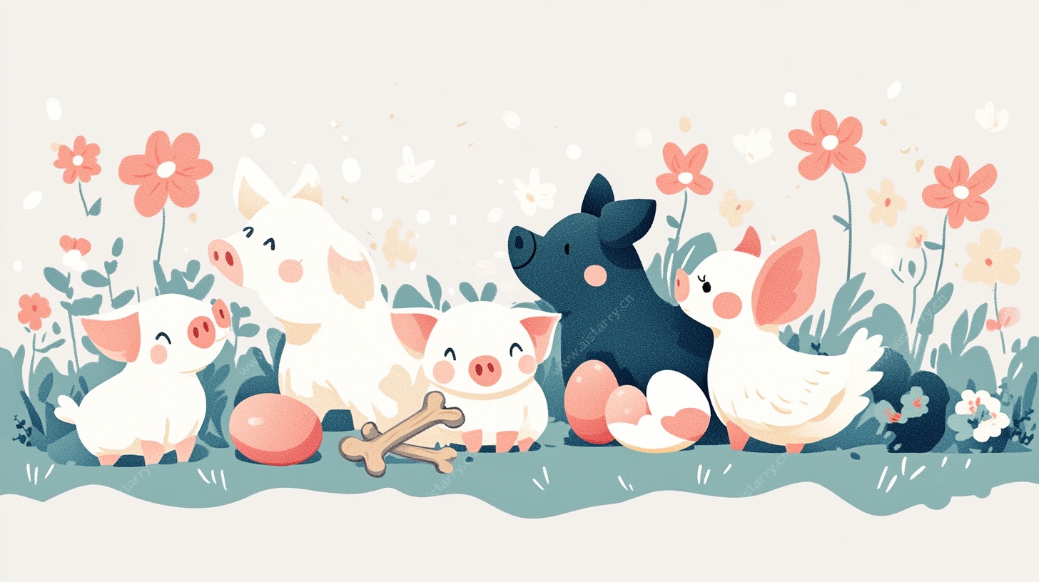 可爱动物花丛聚会插画
