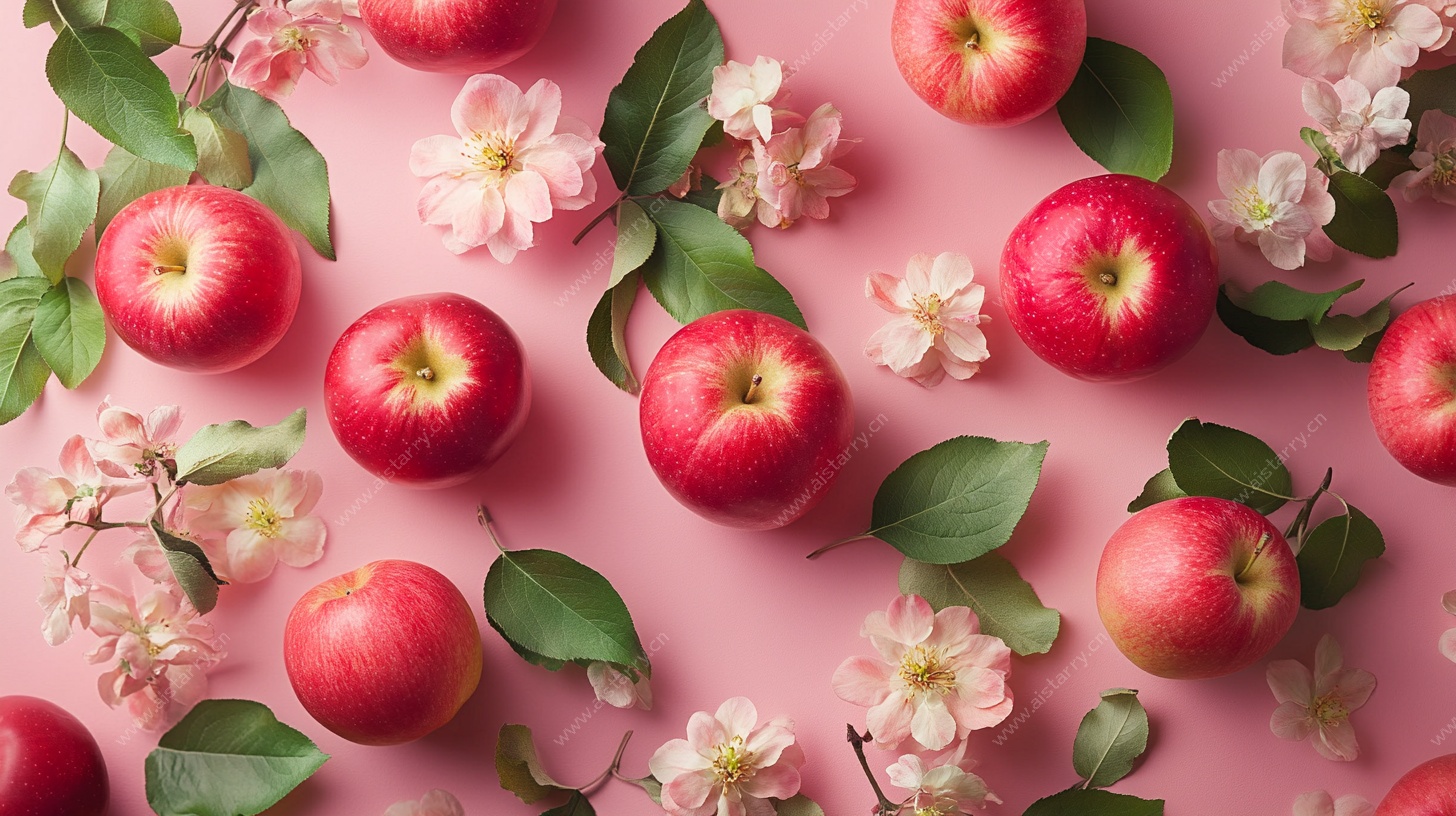 粉色背景上的苹果与花朵