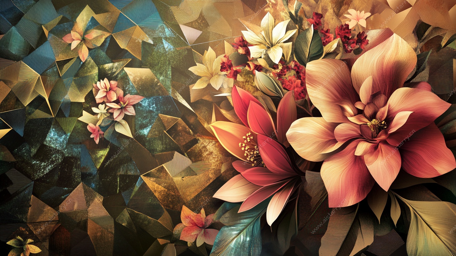 几何背景下的绚丽花卉