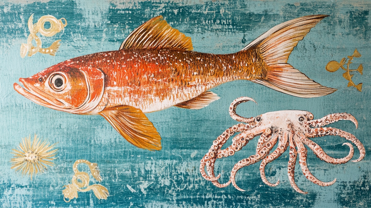 海洋生物插画 鱼与章鱼