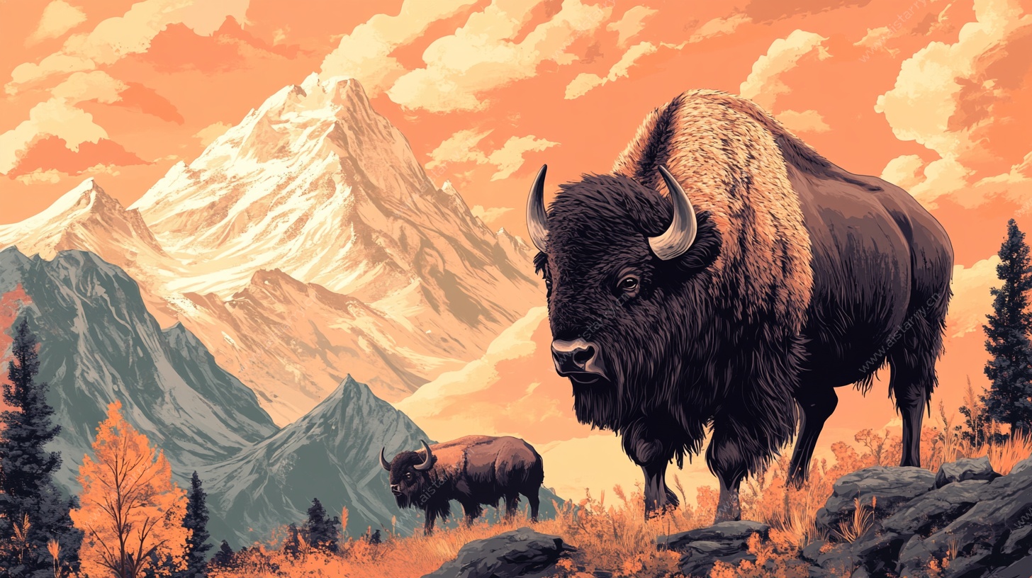 荒野野牛壮丽山景图