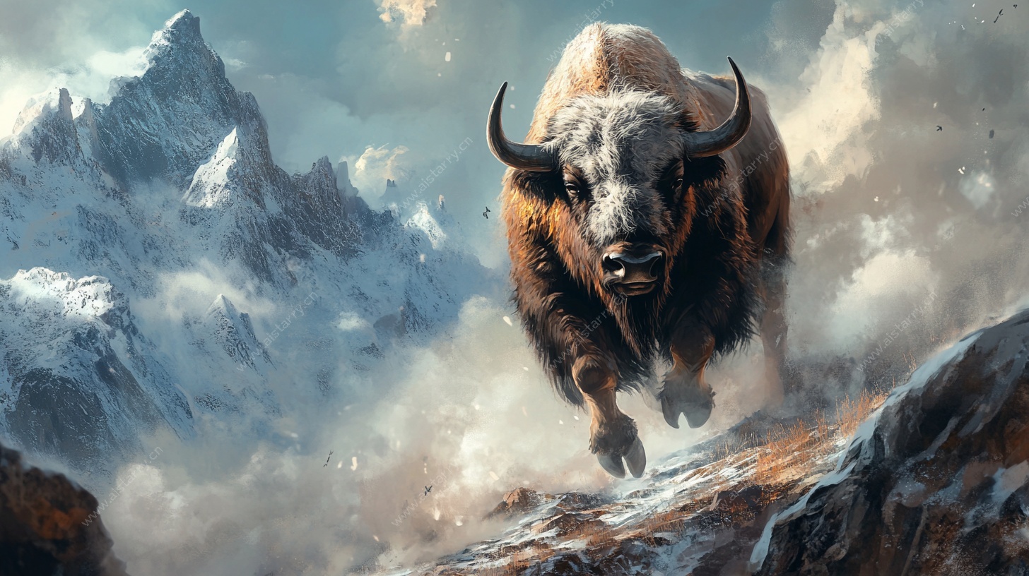 奔腾野牛于雪山之境