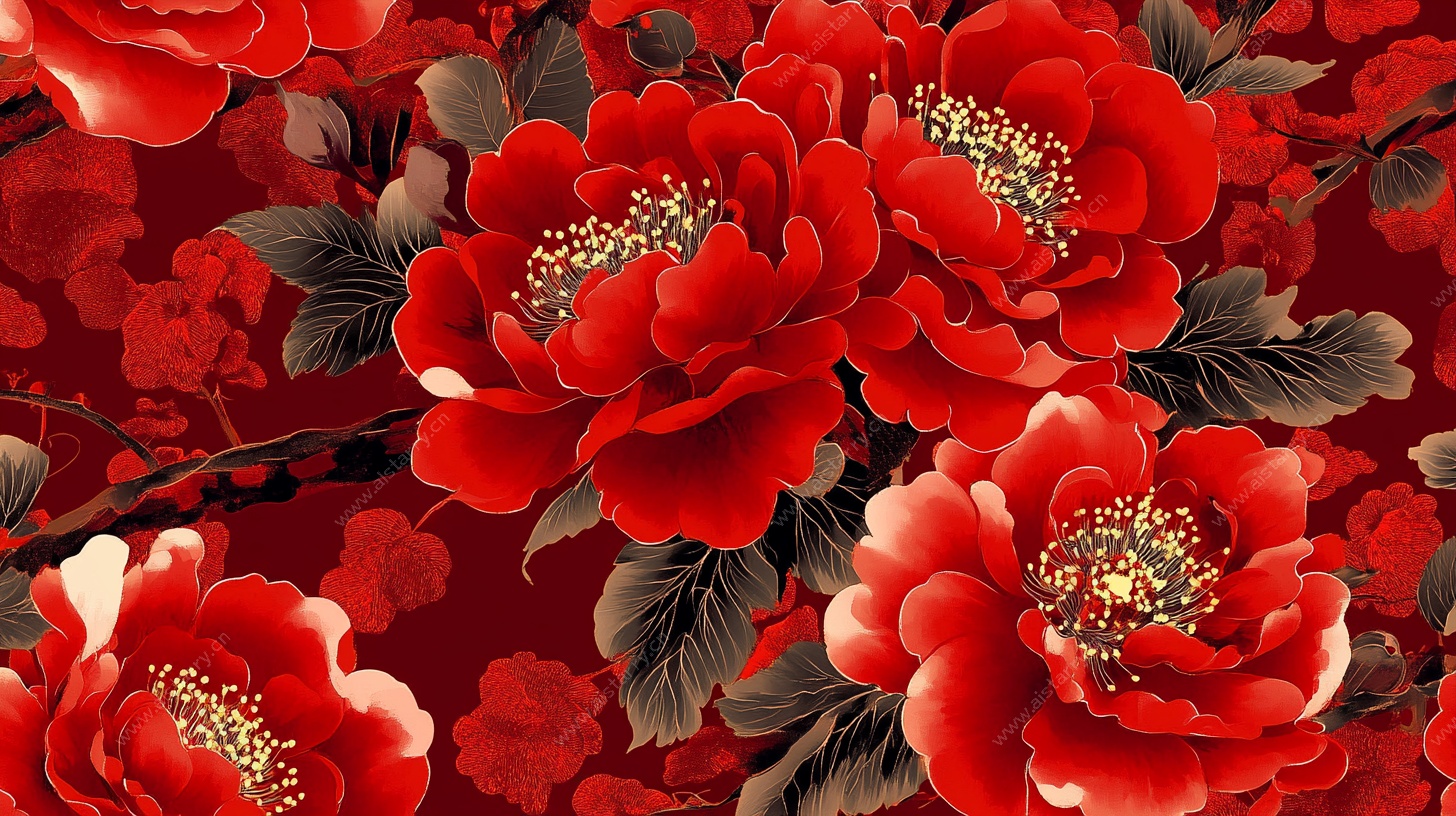 艳丽红牡丹花卉图案