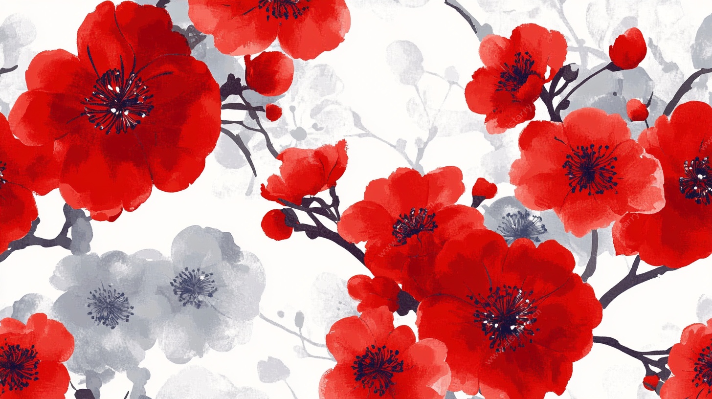 红花朵朵水彩花卉图案