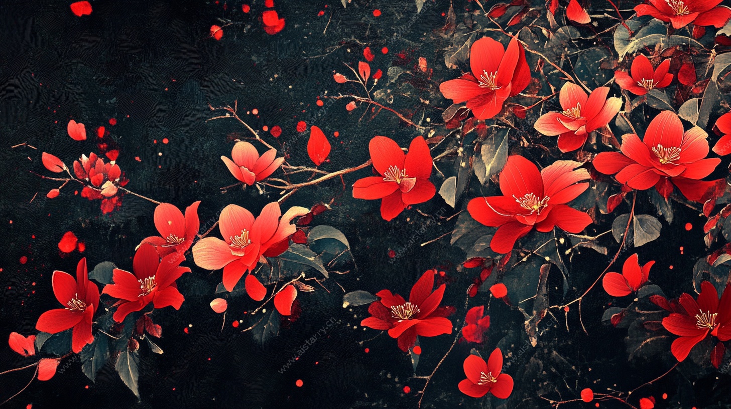 红花朵朵绽于幽暗中