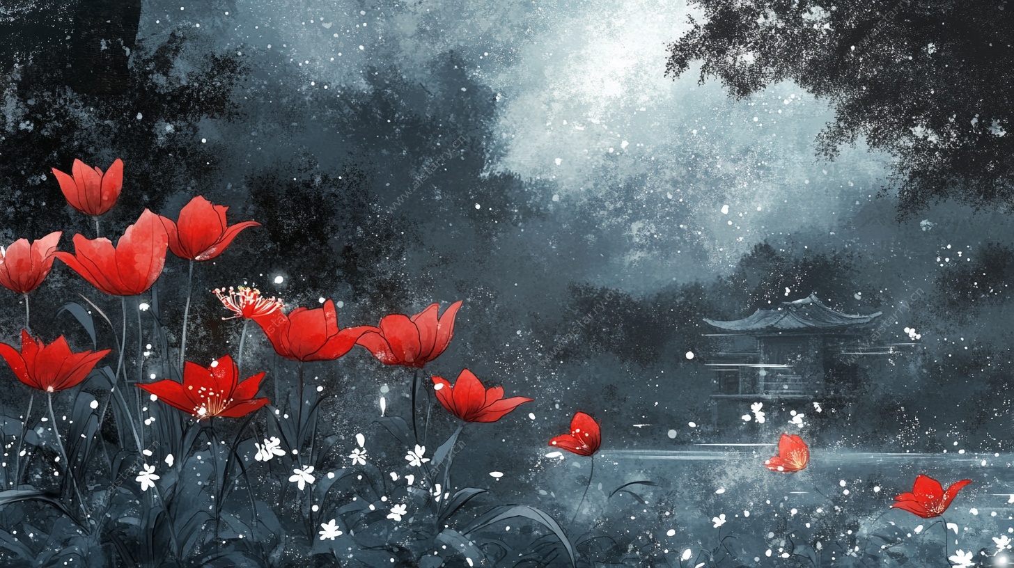 雨夜红郁金香梦幻景致