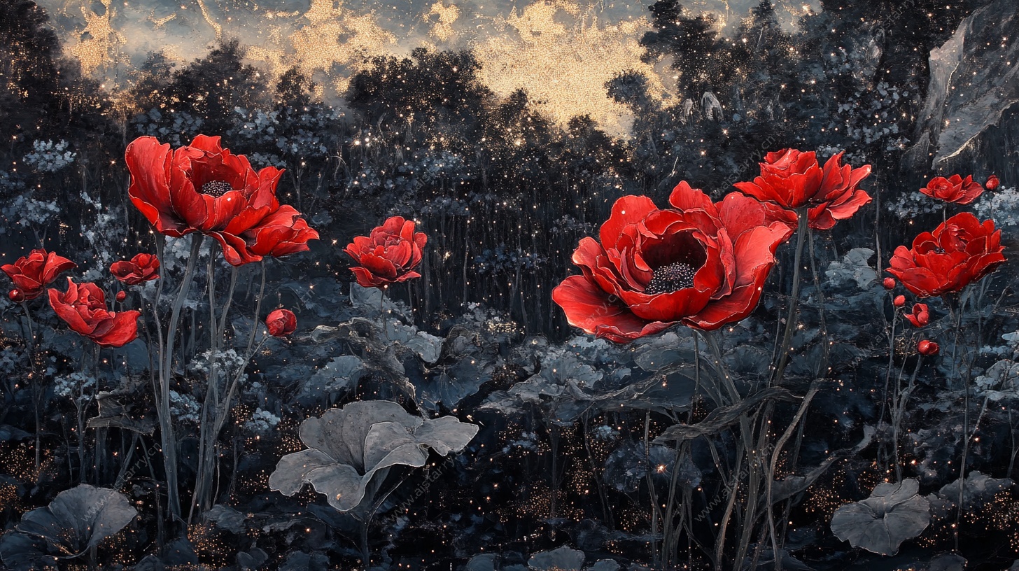 红罂粟花海夜景油画