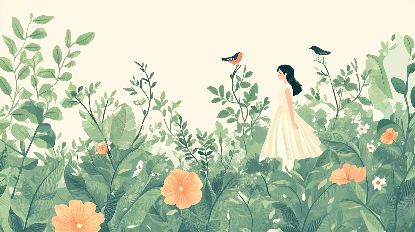 女孩漫步于绿植花丛间