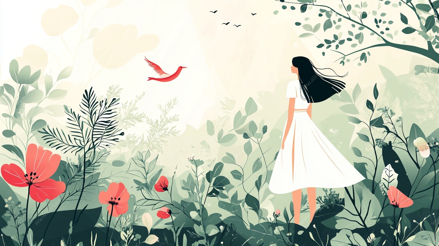 少女漫步于绿野花丛间