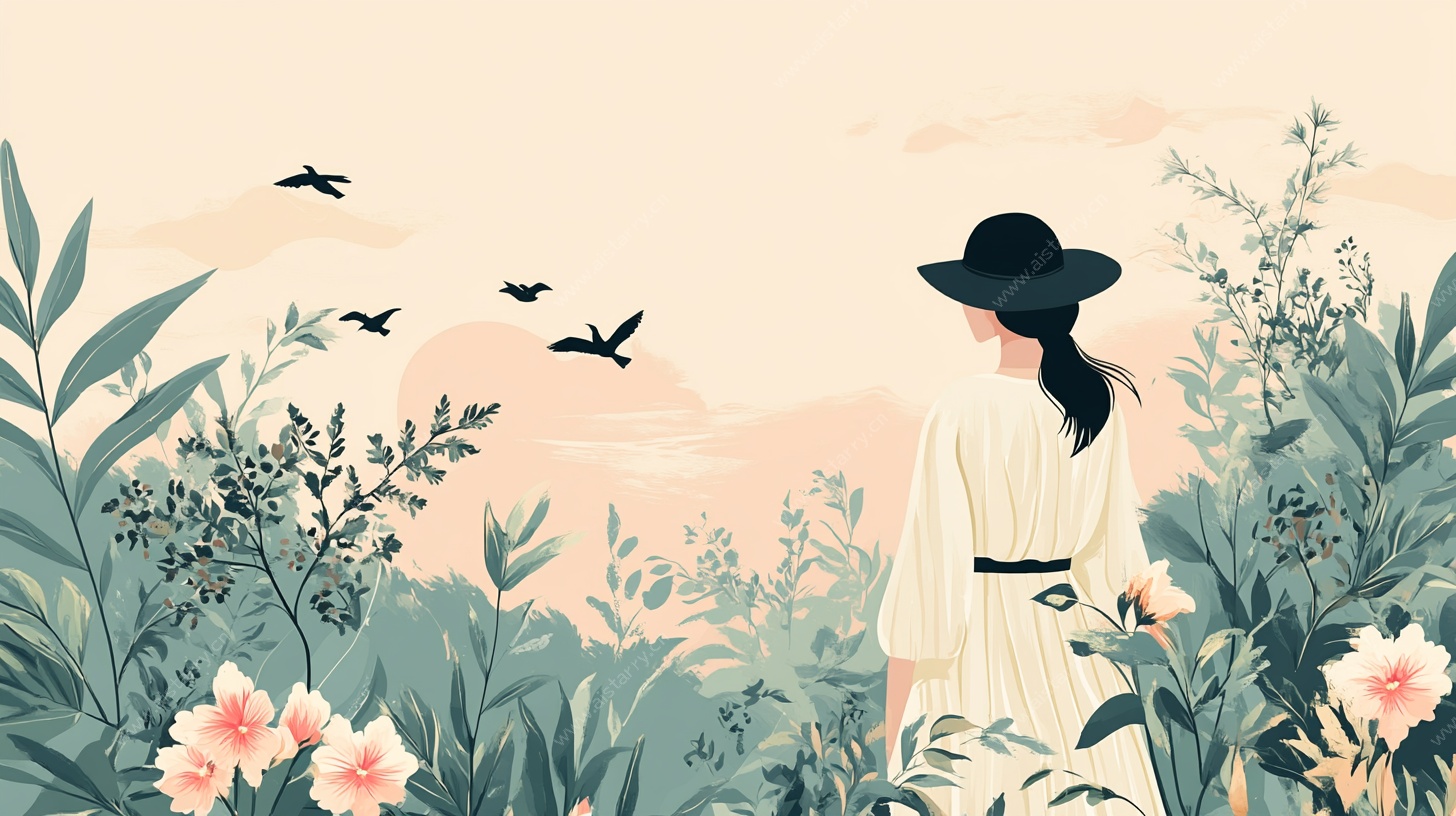 女子漫步于花草飞鸟间