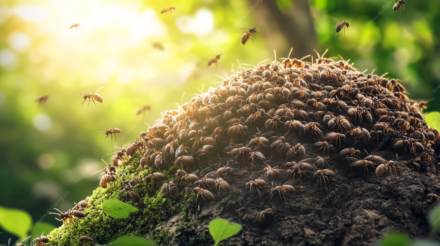 阳光下的蜂群聚集景象