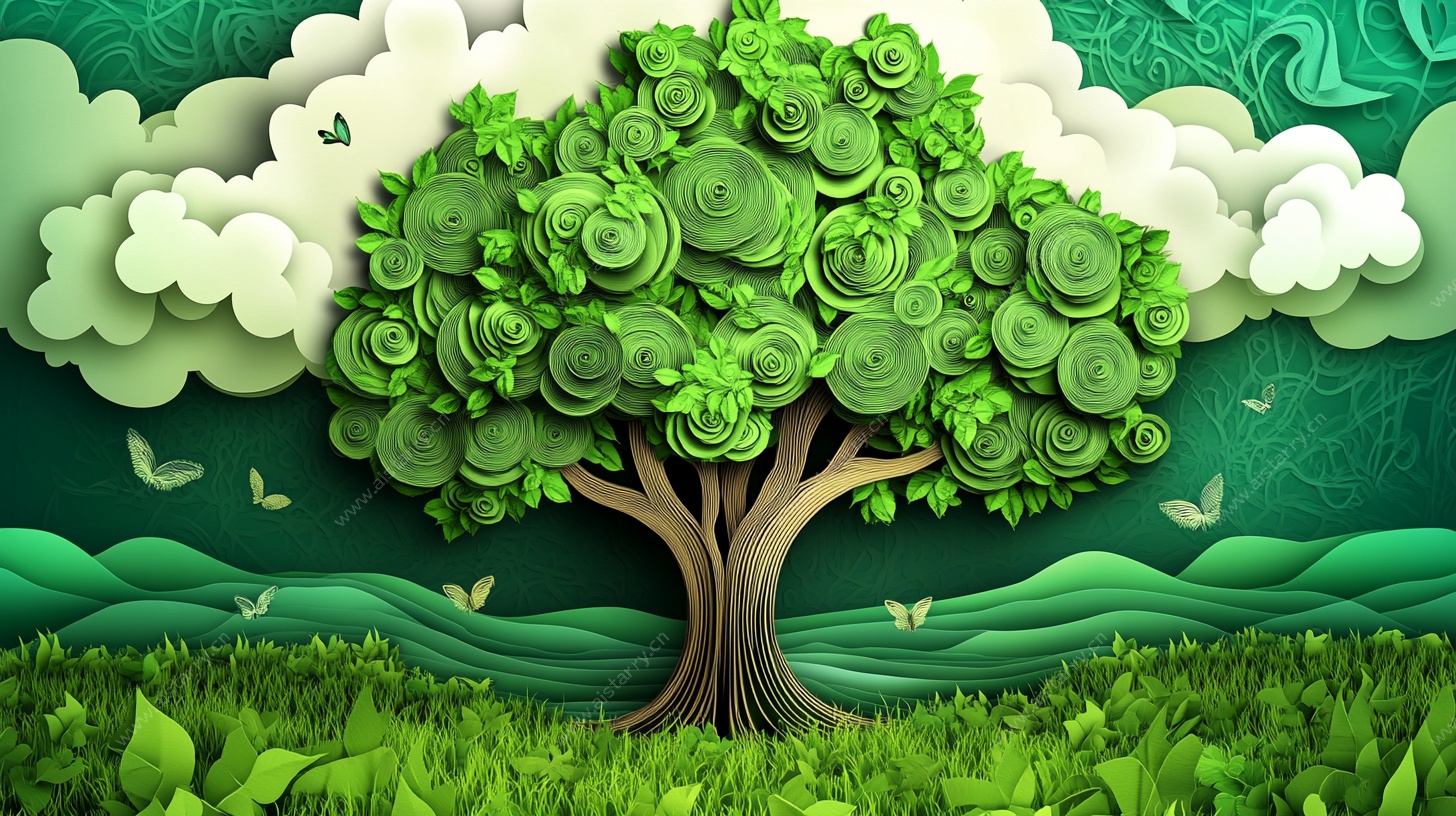 纸艺风格绿色生命之树