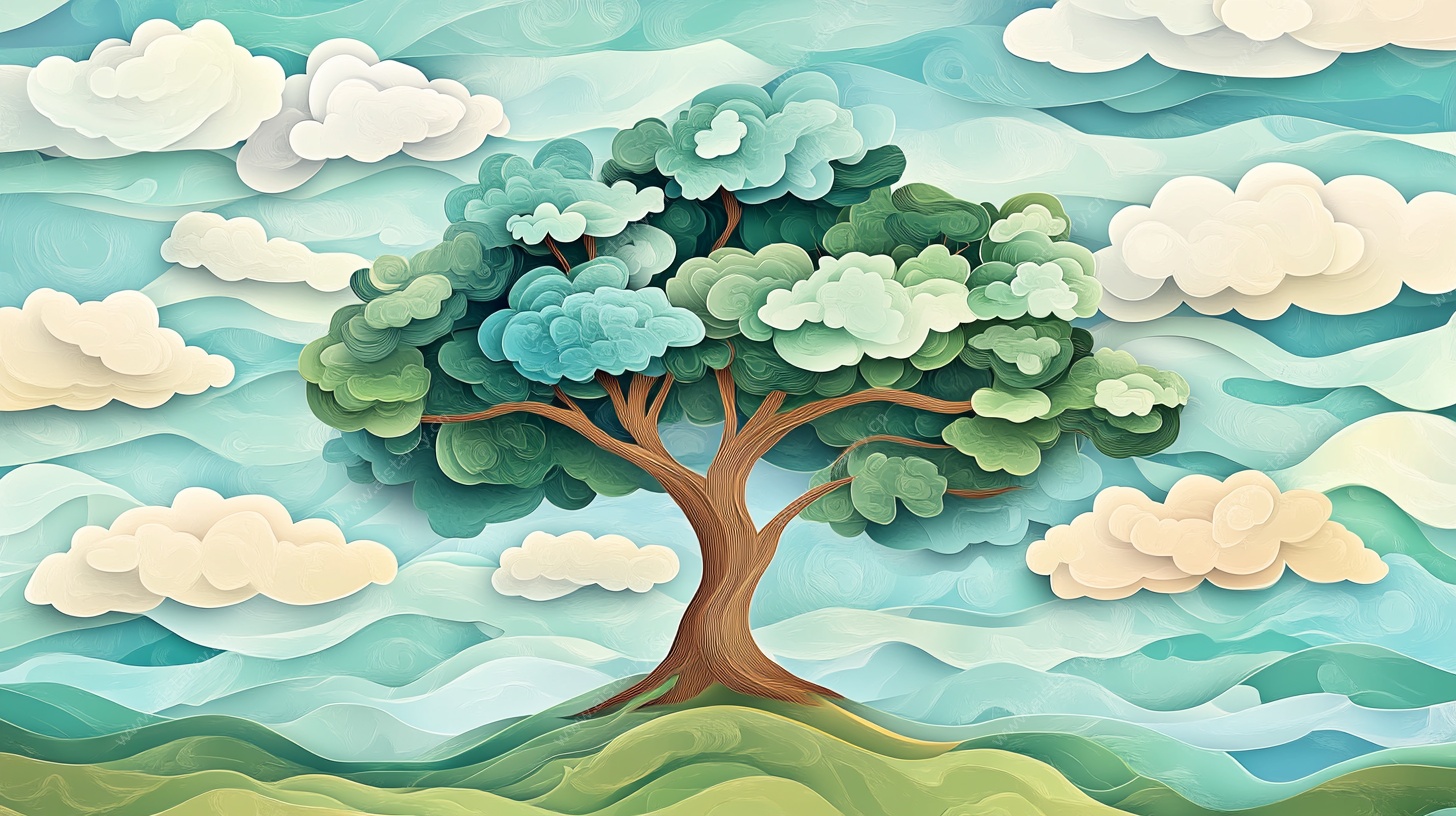 纸艺风格的独树风景图