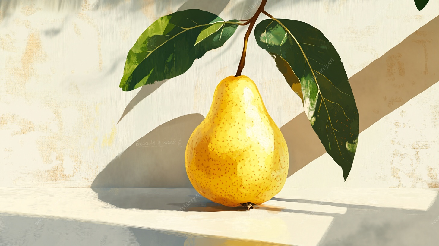 金黄梨子与绿叶静物图