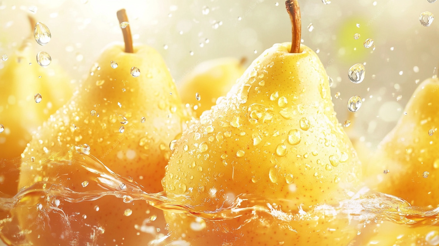水珠飞溅的新鲜黄梨