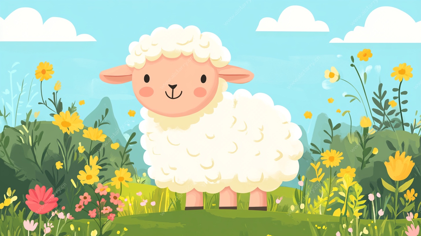 可爱绵羊置身缤纷花草间