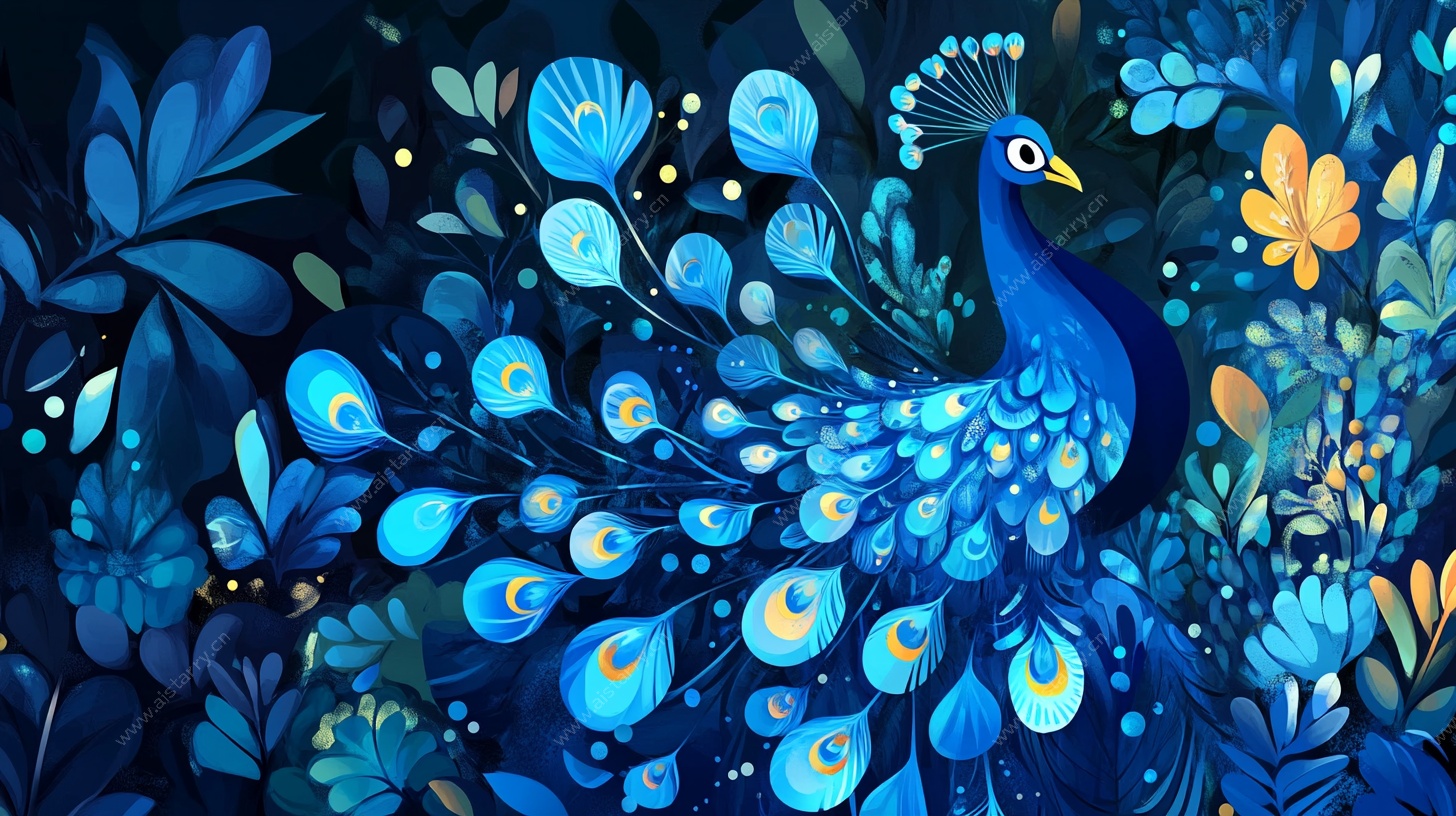 蓝色梦幻孔雀花卉插画