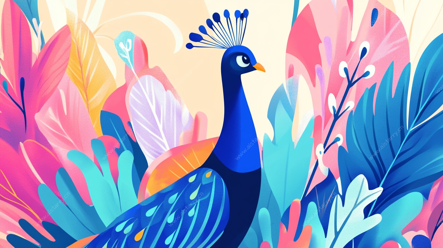 蓝孔雀于缤纷植物间