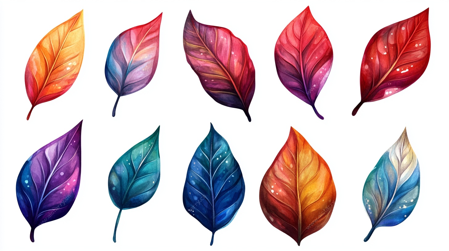 多彩水彩叶片插画集合