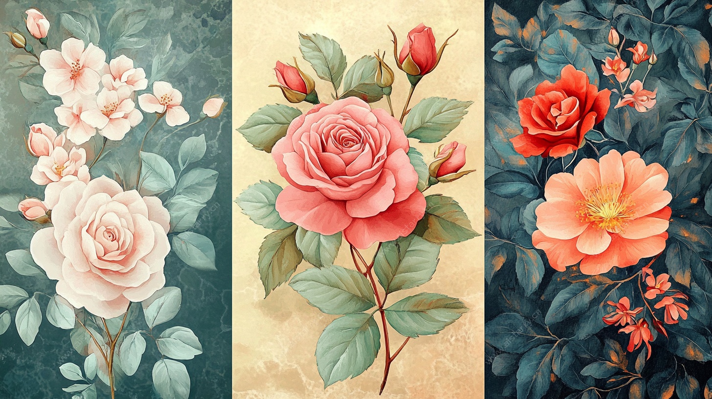 复古花卉三联画
