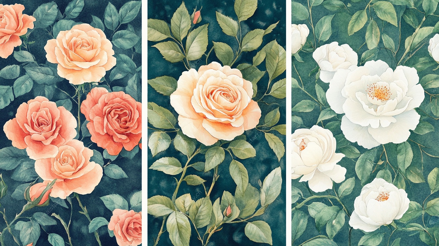 三幅玫瑰花卉插画拼图