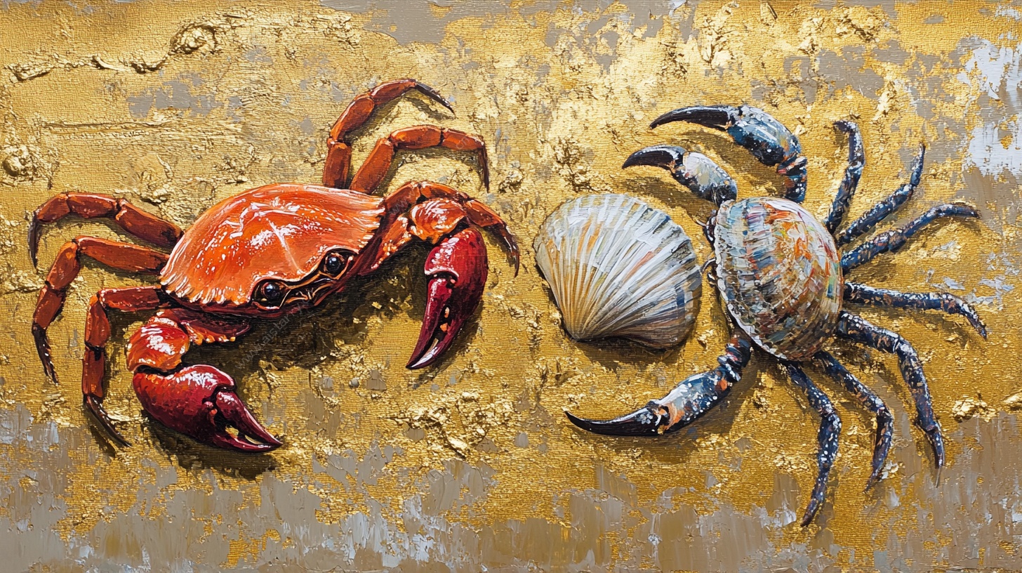 双蟹与贝壳的海洋艺术画