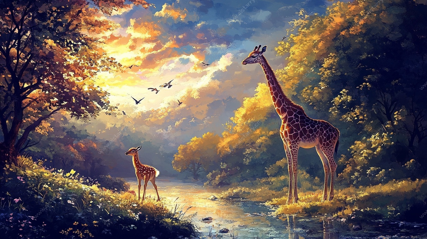 夕阳下的长颈鹿母子