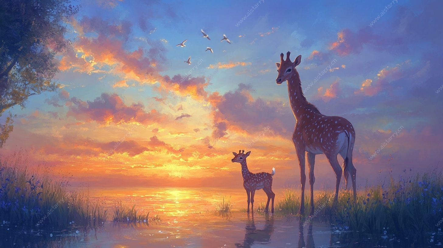 夕阳下的长颈鹿母子