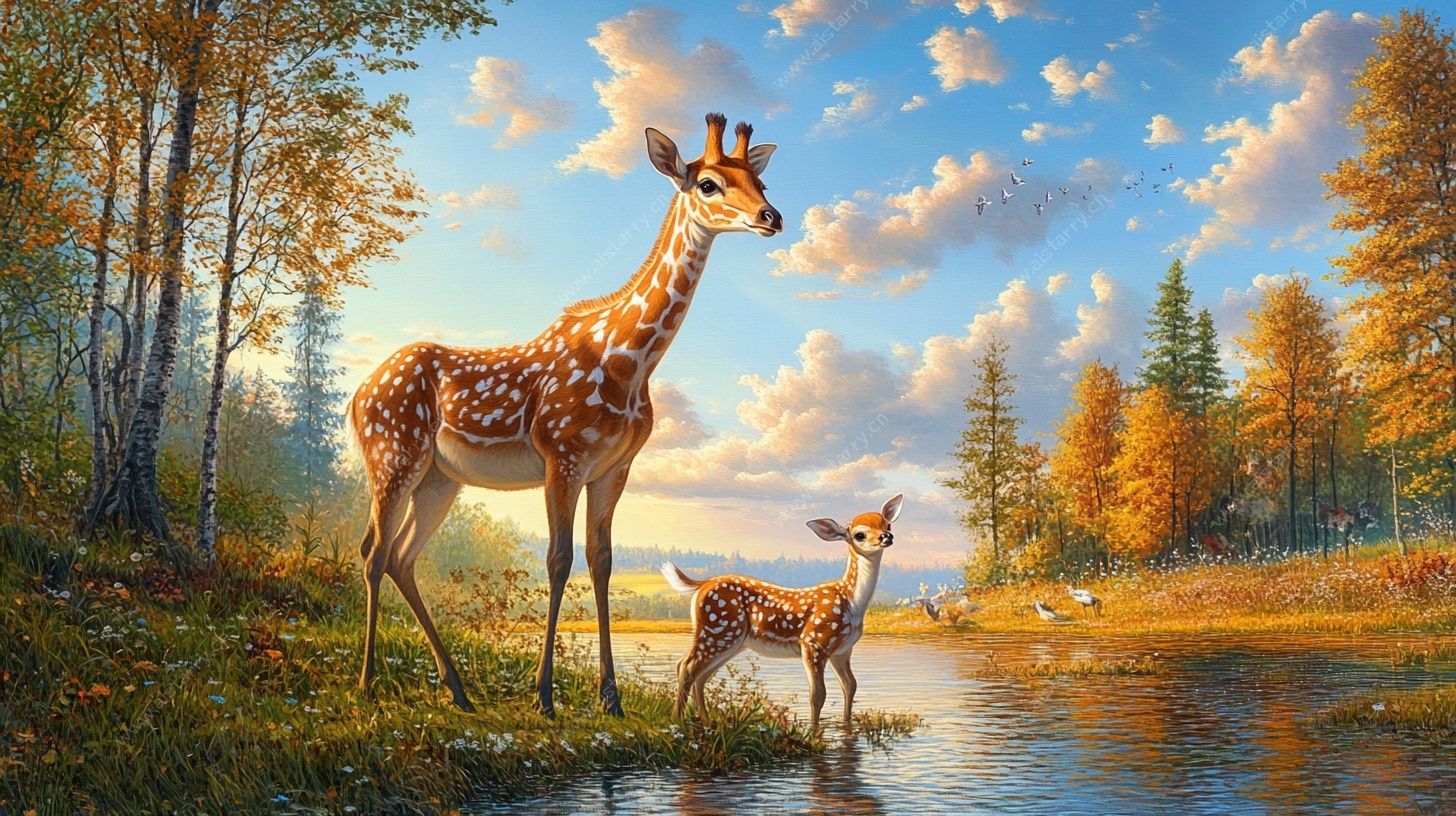 长颈鹿母子的秋日河畔图景