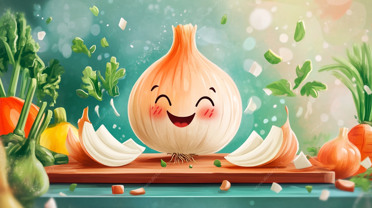 微笑的洋葱在蔬菜堆中