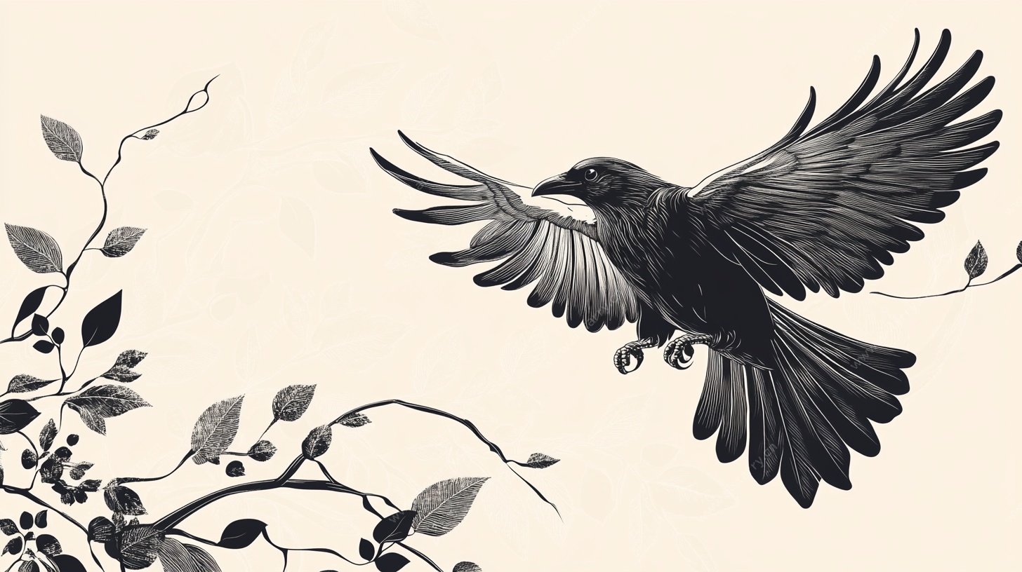 飞鸟栖枝黑白插画