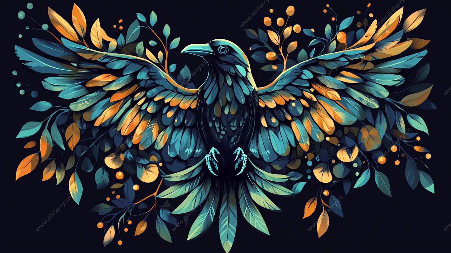 展翅飞鸟的梦幻植物环绕图