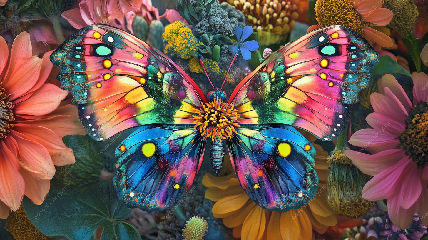 彩色蝴蝶于花丛中飞舞