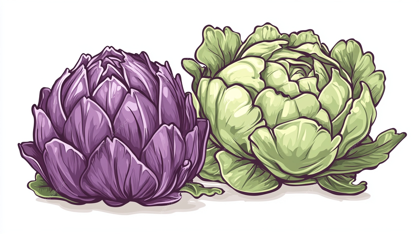 紫色洋蓟与绿色洋蓟插画